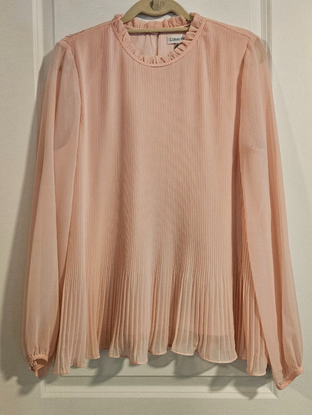 Calvin Klein Blush Pink Pleated Sheer Sleeve Blouse XL